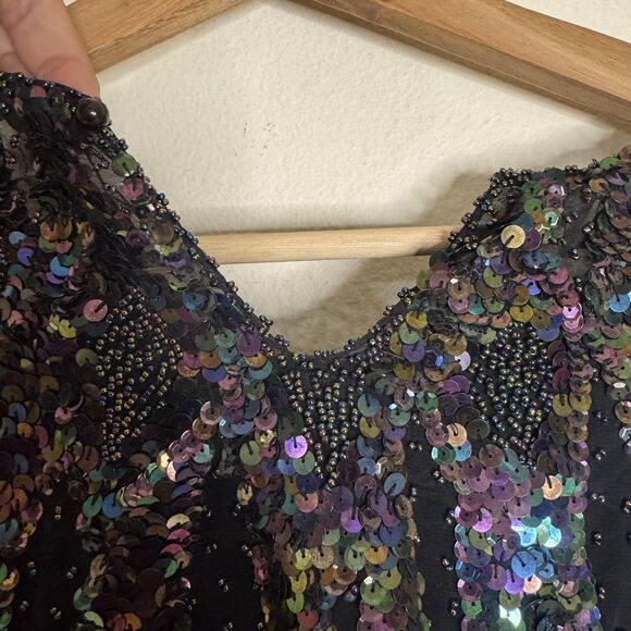 Vintage Iris Sequin Top Womens Medium Black Iridescent Beaded Party Blouse 80s - Picture 11 of 14